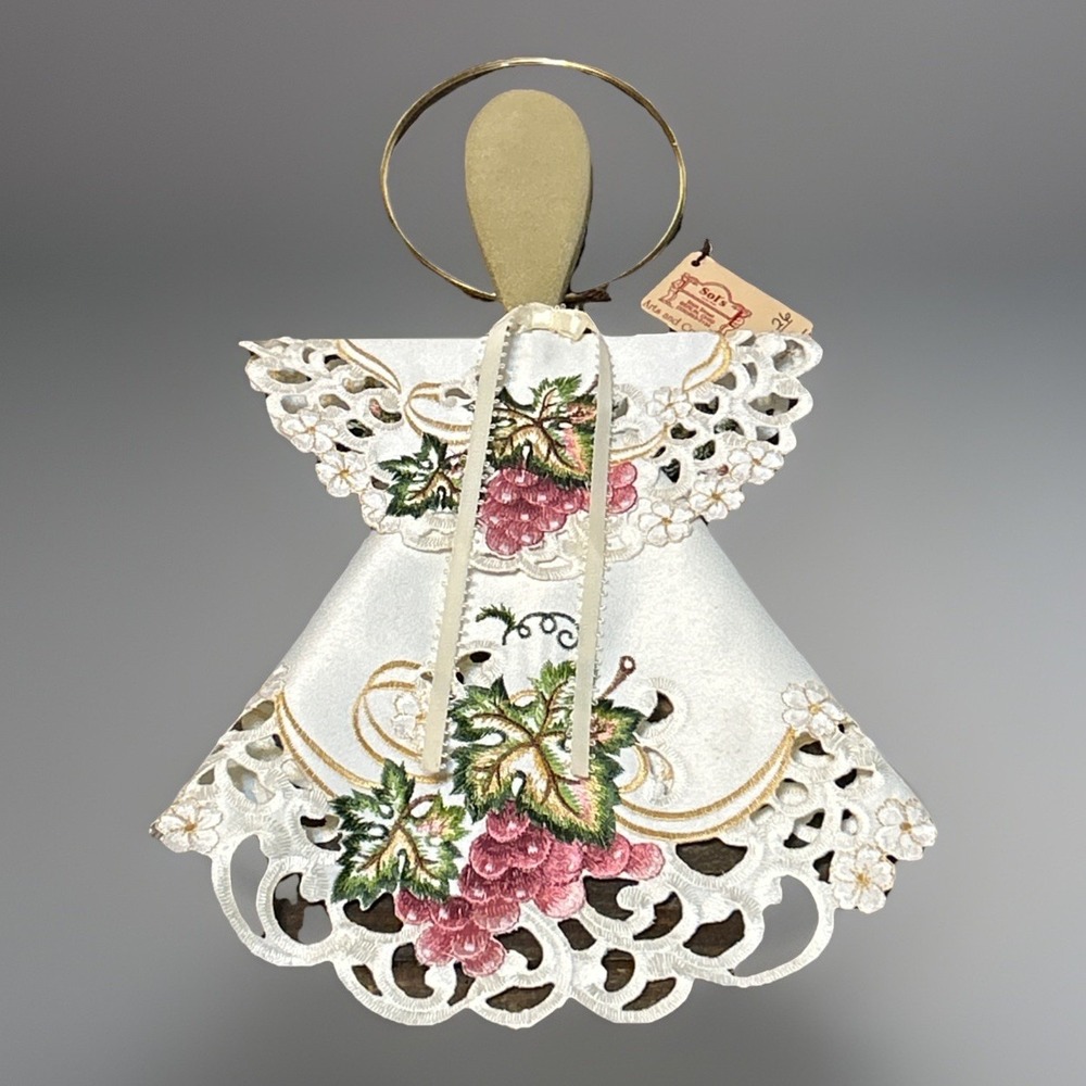 NEW Kitchen Angel Figurine Handcrafted White Lace Grape Vine Embroidery Halo